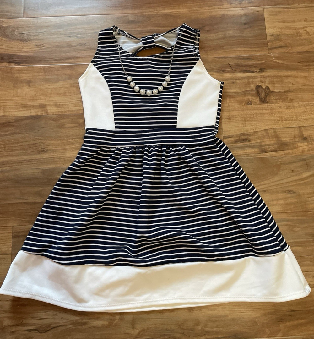 Pink Crush Girls Sz 14 Navy and White Striped Summer Dress, Nautical, NWT
